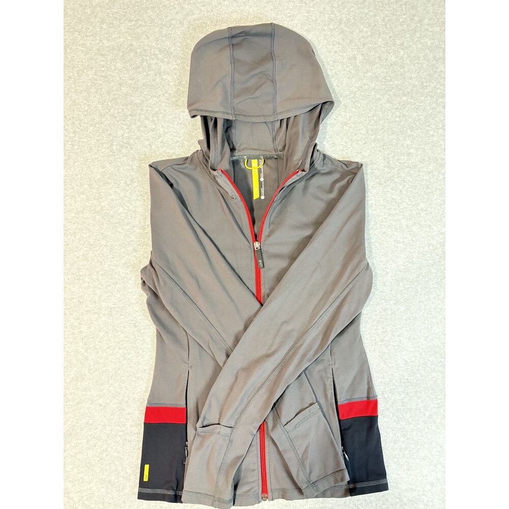 Lole Women's M Gray Red Hooded Full Zip Jacket UPF 50 4-Way Stretch Running